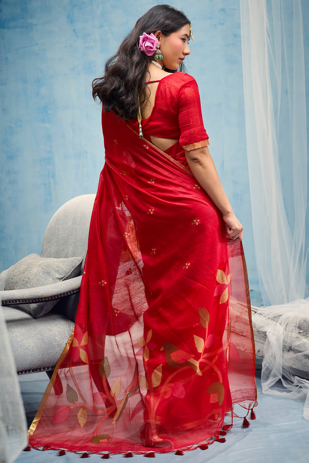 Ratatouille Red Pure Munga Cotton Silk Saree With Fantabulous Blouse Piece