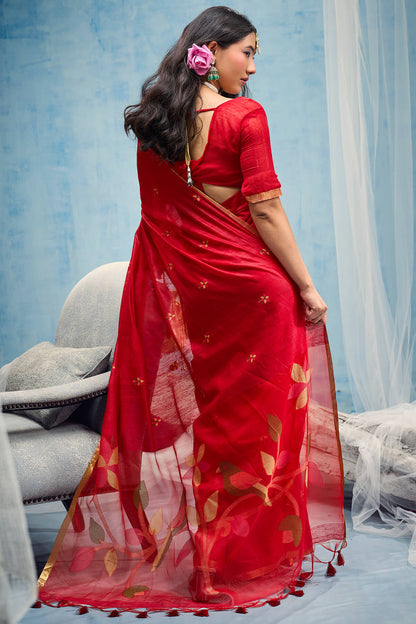 Ratatouille Red Pure Munga Cotton Silk Saree With Fantabulous Blouse Piece