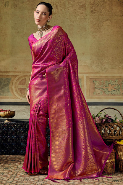 Intricate Purple Kanjivaram Silk Saree With Scrumptious Blouse Piece