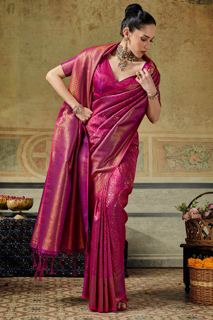 Intricate Purple Kanjivaram Silk Saree With Scrumptious Blouse Piece