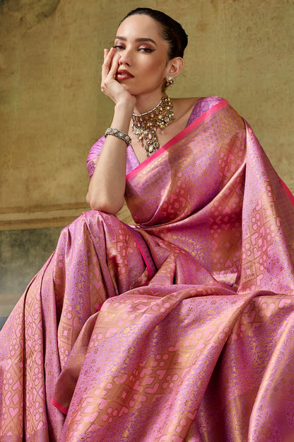 Denouement Pink Kanjivaram Silk Saree With Scintillating Blouse Piece