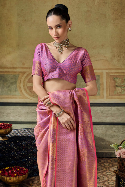 Denouement Pink Kanjivaram Silk Saree With Scintillating Blouse Piece