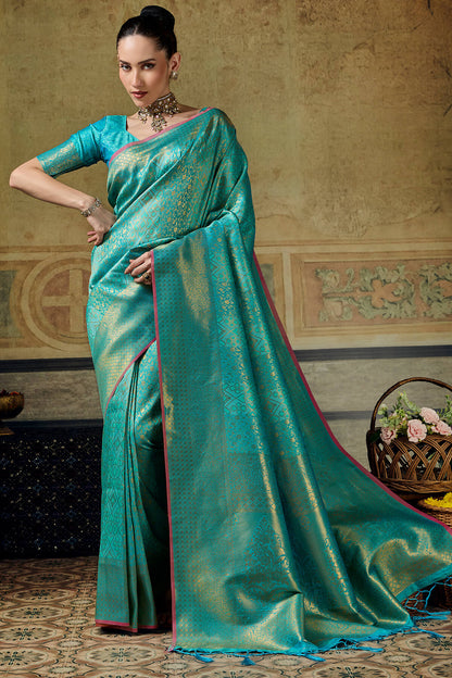 Amazing Turquoise Kanjivaram Silk Saree With Rhapsodic Blouse Piece