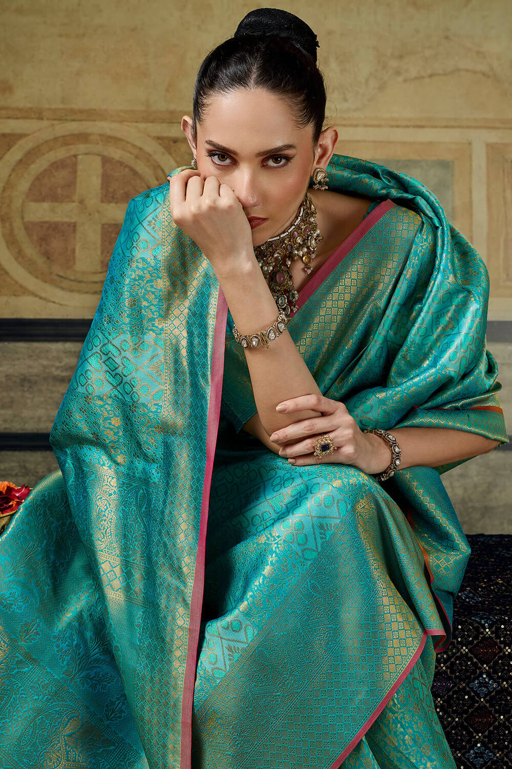 Amazing Turquoise Kanjivaram Silk Saree With Rhapsodic Blouse Piece