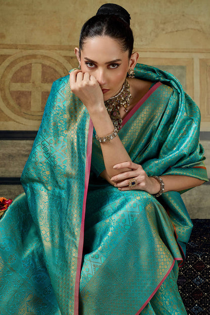 Amazing Turquoise Kanjivaram Silk Saree With Rhapsodic Blouse Piece