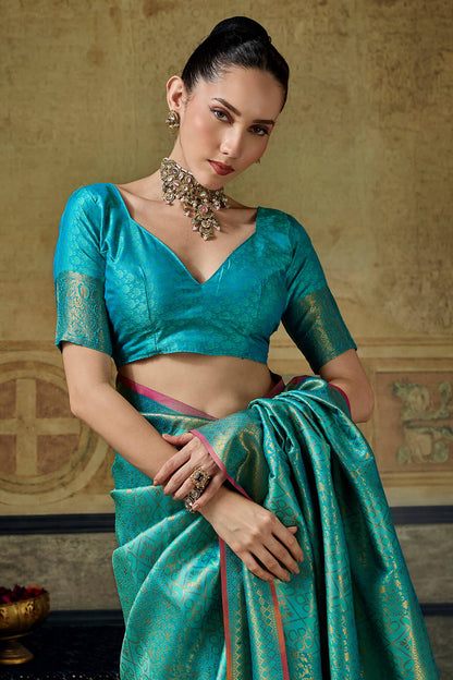 Amazing Turquoise Kanjivaram Silk Saree With Rhapsodic Blouse Piece