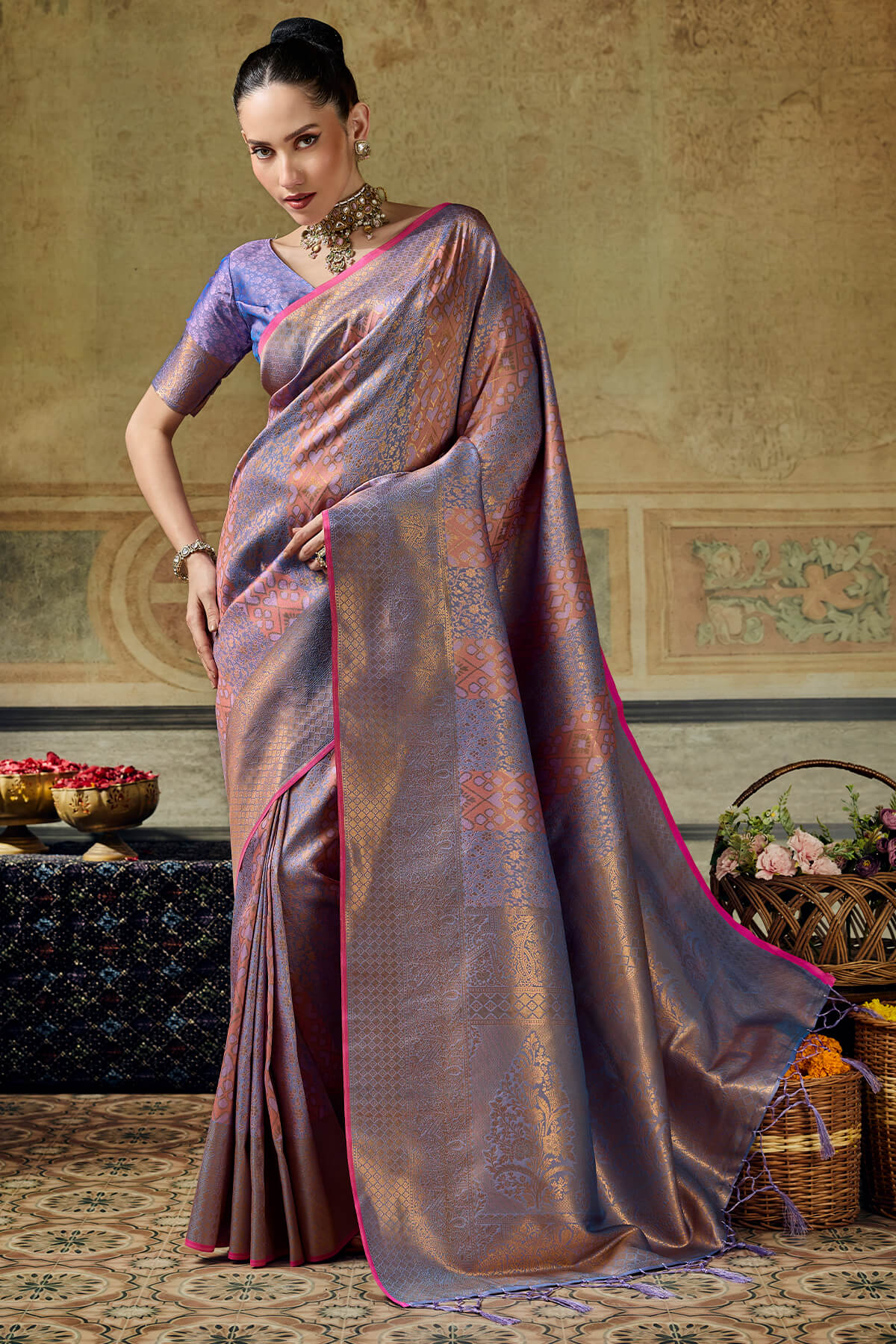 Stunner Lavender Kanjivaram Silk Saree With Dalliance Blouse Piece