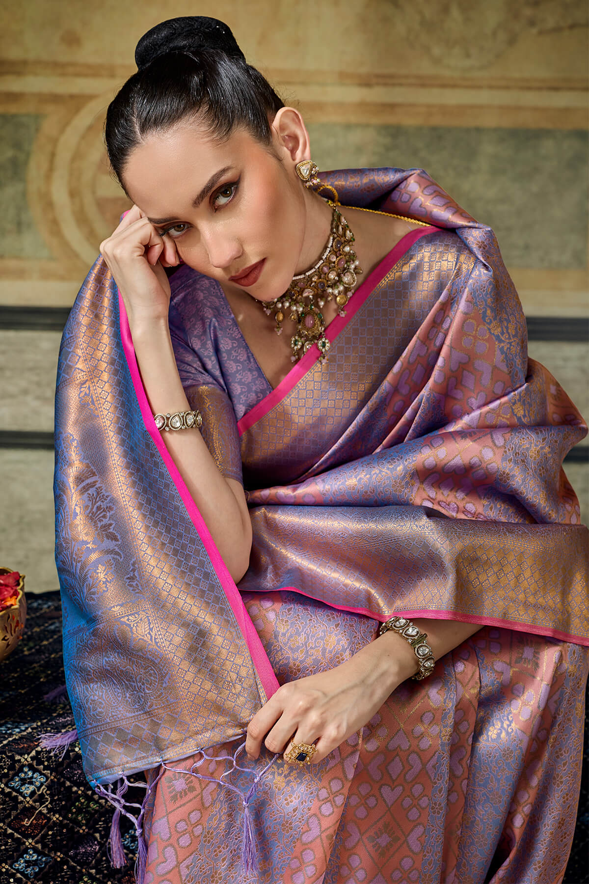 Stunner Lavender Kanjivaram Silk Saree With Dalliance Blouse Piece