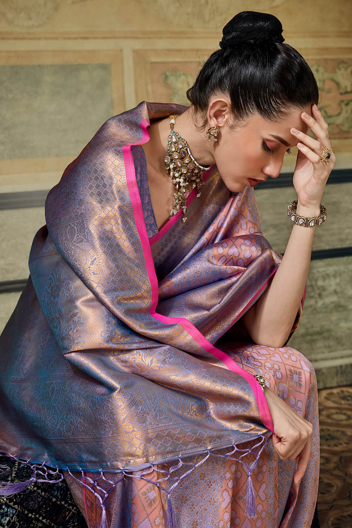 Stunner Lavender Kanjivaram Silk Saree With Dalliance Blouse Piece