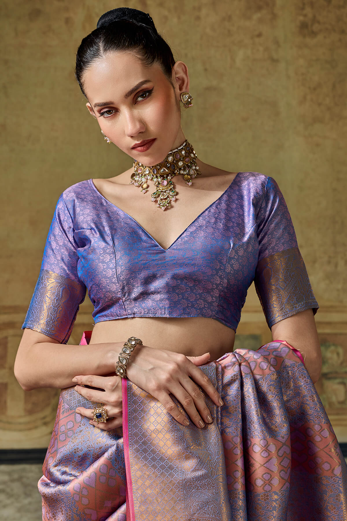 Stunner Lavender Kanjivaram Silk Saree With Dalliance Blouse Piece