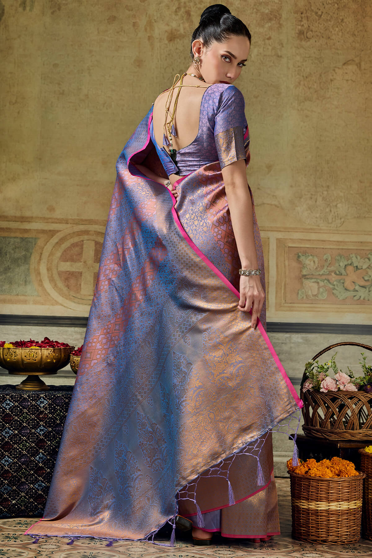 Stunner Lavender Kanjivaram Silk Saree With Dalliance Blouse Piece