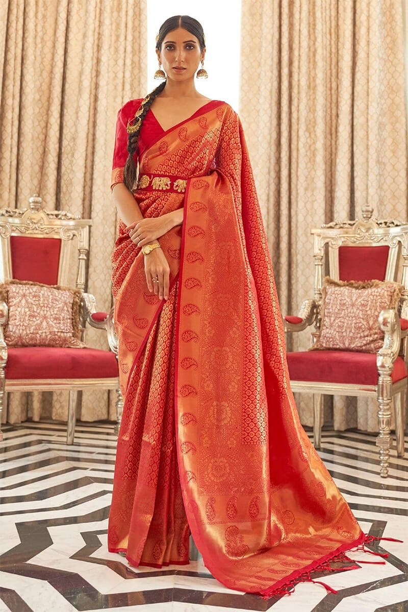 Twirling Red Kanjivaram Silk Saree with Classic Blouse Piece