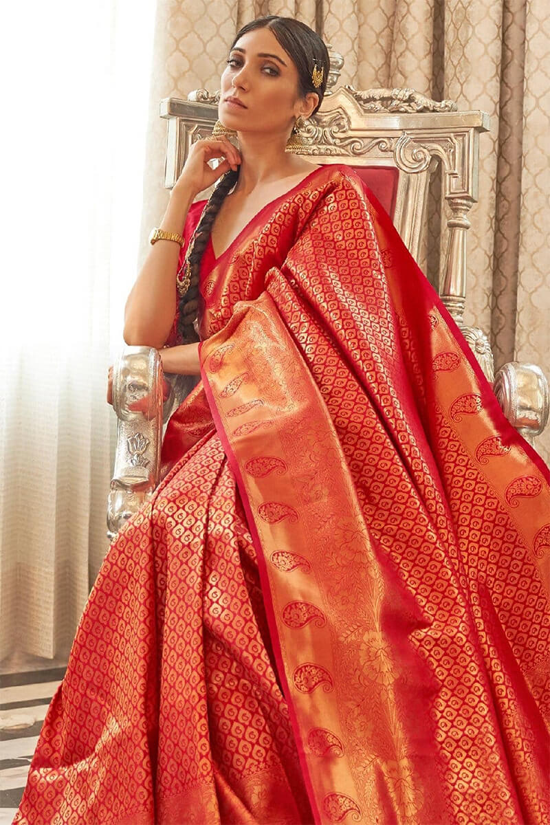 Twirling Red Kanjivaram Silk Saree with Classic Blouse Piece