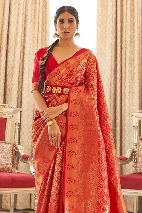 Load image into Gallery viewer, Twirling Red Kanjivaram Silk Saree with Classic Blouse Piece
