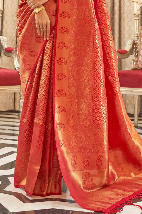 Load image into Gallery viewer, Twirling Red Kanjivaram Silk Saree with Classic Blouse Piece
