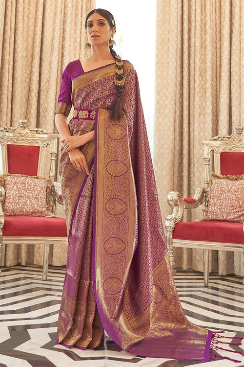 Load image into Gallery viewer, Denouement Purple Kanjivaram Silk Saree with Enchanting Blouse Piece
