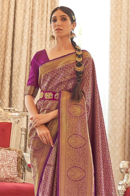 Load image into Gallery viewer, Denouement Purple Kanjivaram Silk Saree with Enchanting Blouse Piece
