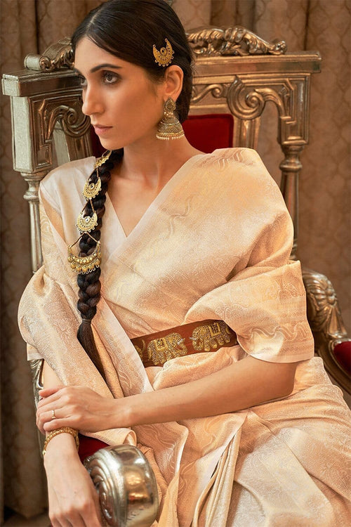 Load image into Gallery viewer, Bucolic Beige Kanjivaram Silk Saree with Forbearance Blouse Piece
