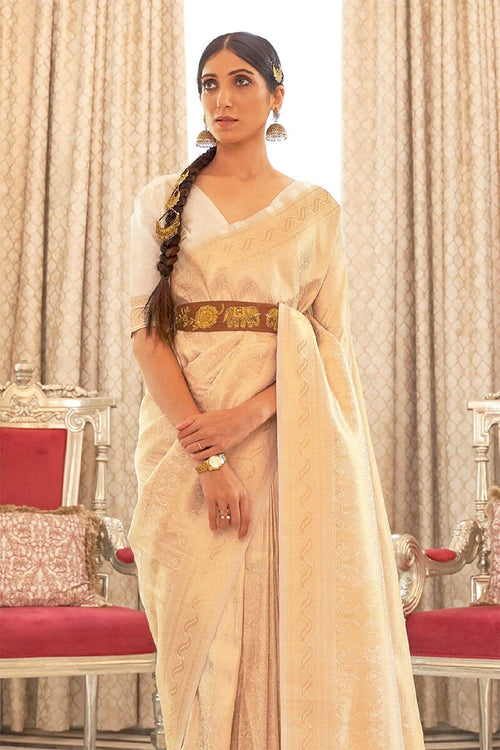 Load image into Gallery viewer, Bucolic Beige Kanjivaram Silk Saree with Forbearance Blouse Piece
