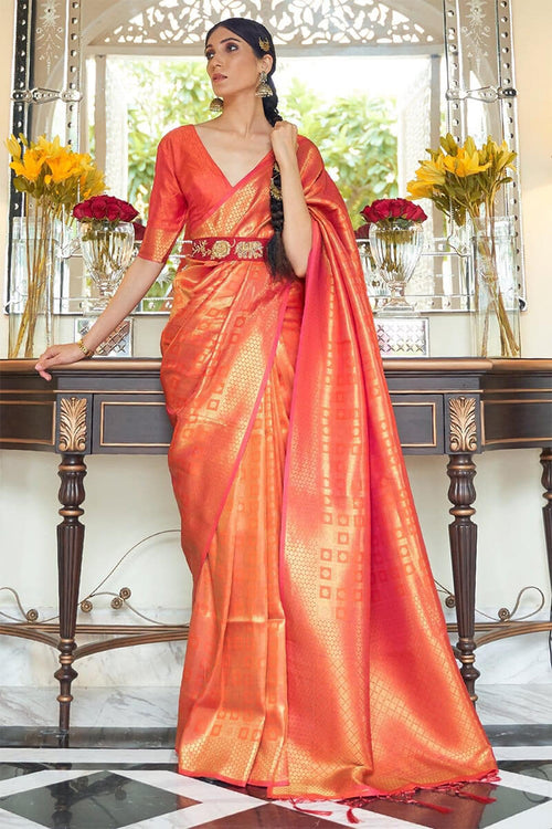 Load image into Gallery viewer, Panoply Orange Kanjivaram Silk Saree with Luxuriant Blouse Piece
