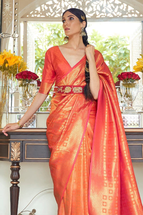 Load image into Gallery viewer, Panoply Orange Kanjivaram Silk Saree with Luxuriant Blouse Piece
