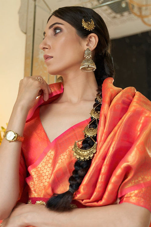 Load image into Gallery viewer, Panoply Orange Kanjivaram Silk Saree with Luxuriant Blouse Piece
