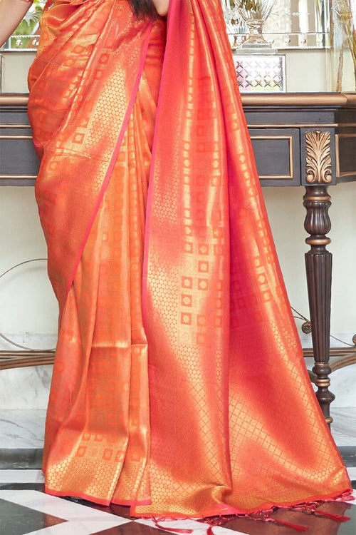 Load image into Gallery viewer, Panoply Orange Kanjivaram Silk Saree with Luxuriant Blouse Piece
