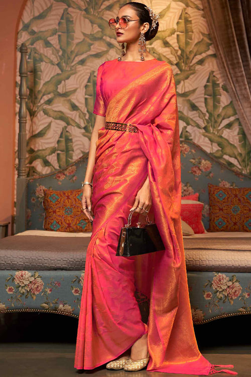 Load image into Gallery viewer, Mesmeric Pink Kanjivaram Silk Saree with Glorious Blouse Piece
