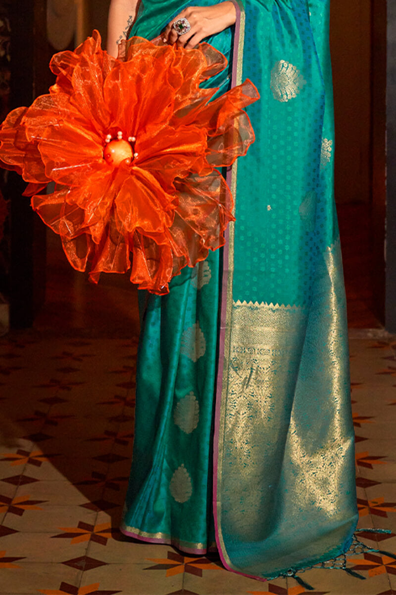 Marvellous Rama Soft Banarasi Silk Saree With Precious Blouse Piece