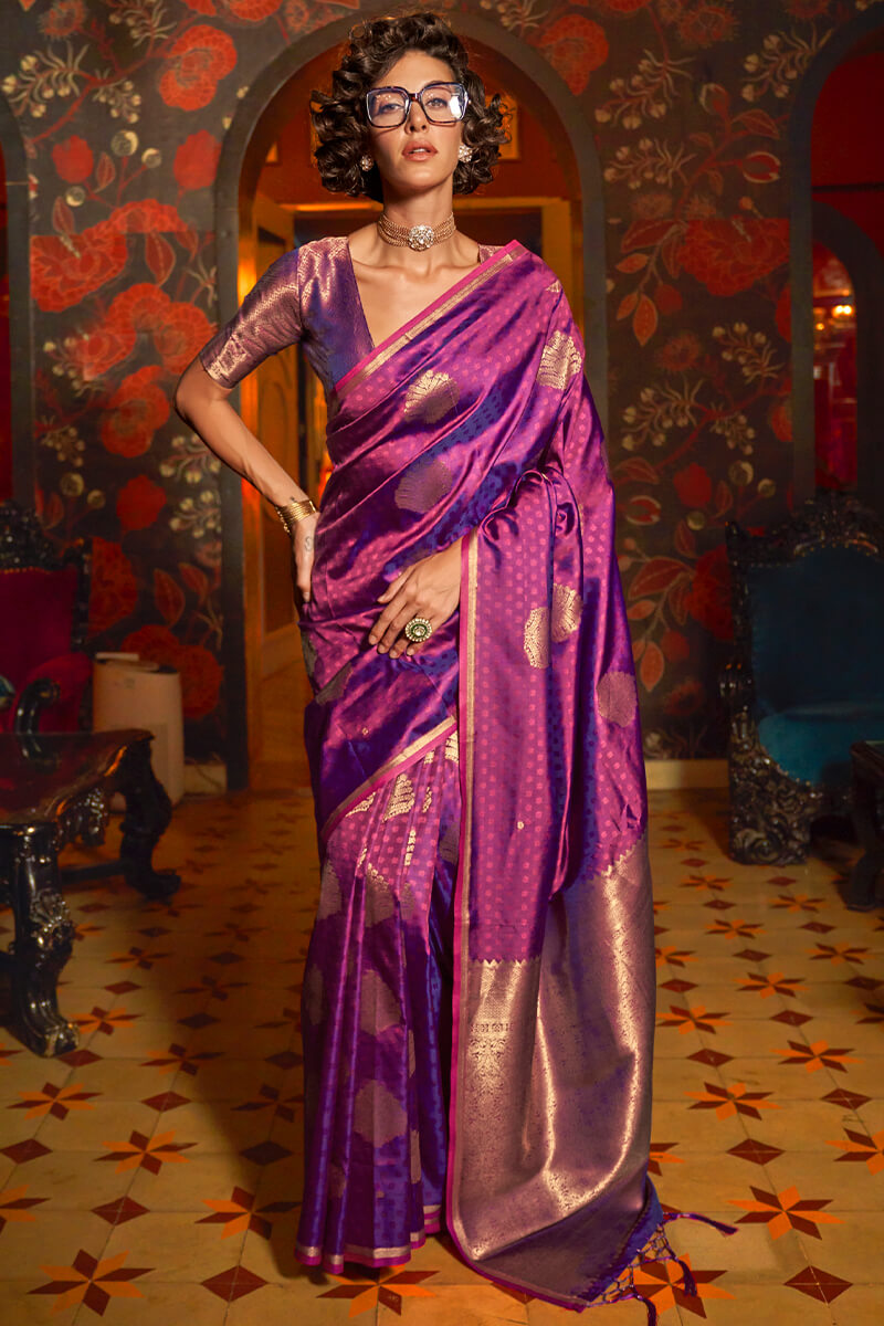 Flameboyant Purple Soft Banarasi Silk Saree With Classic Blouse Piece