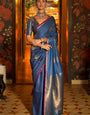 Prominent Navy Blue Soft Banarasi Silk Saree With Admirable Blouse Piece