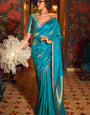 Panoply Firozi Soft Banarasi Silk Saree With Seraglio Blouse Piece