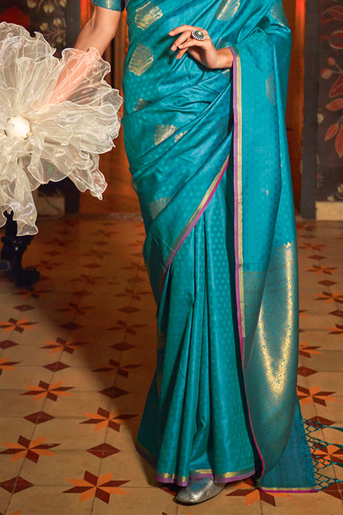 Load image into Gallery viewer, Panoply Firozi Soft Banarasi Silk Saree With Seraglio Blouse Piece
