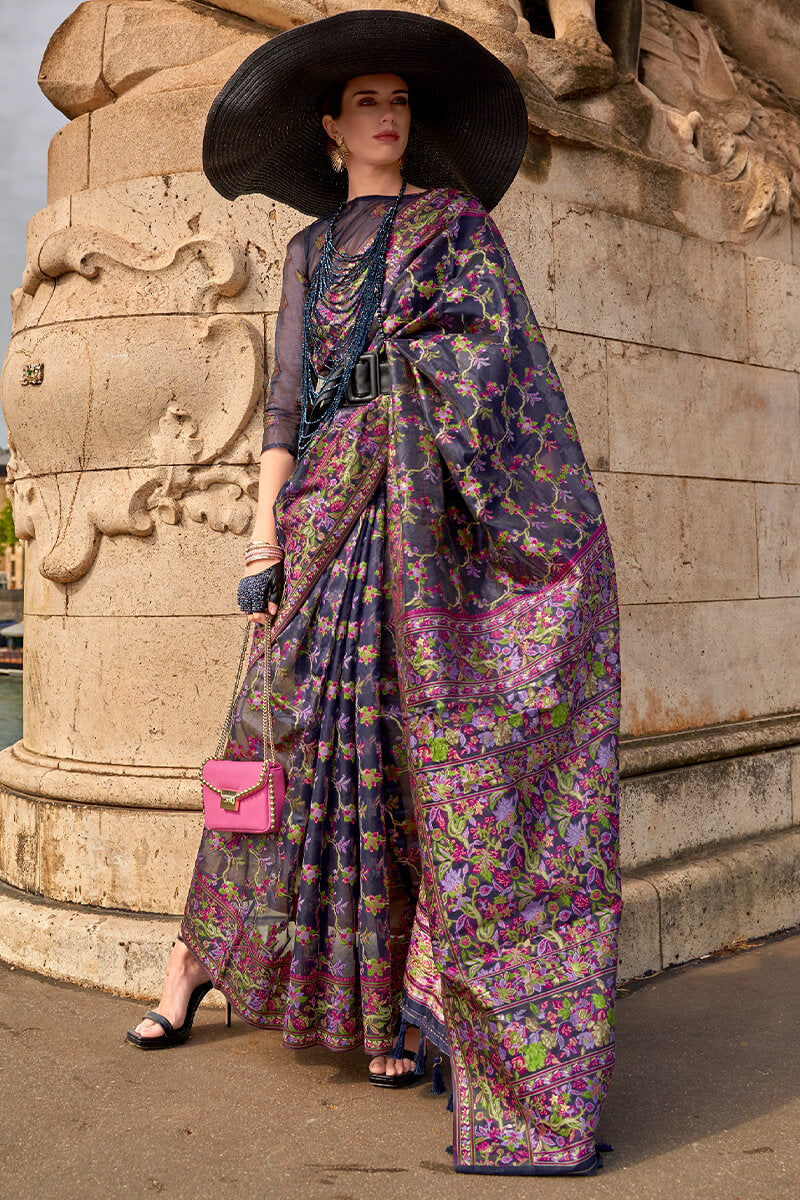 Elegant Navy Blue Pashmina saree With Dazzling Blouse Piece