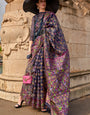 Elegant Navy Blue Pashmina saree With Dazzling Blouse Piece