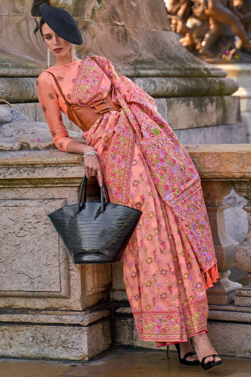 Smart Peach Pashmina saree With Majesty Blouse Piece