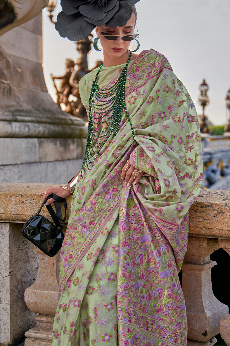 Fairytale Pista Pashmina saree With Bewitching Blouse Piece