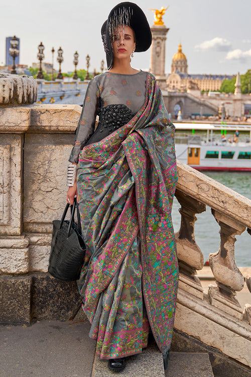 Load image into Gallery viewer, Diaphanous Grey Pashmina saree With Moiety Blouse Piece
