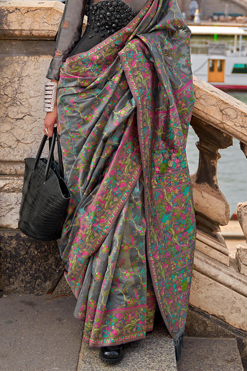 Diaphanous Grey Pashmina saree With Moiety Blouse Piece