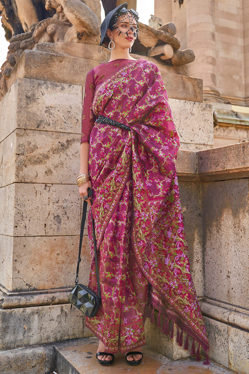 Surreptitious Wine Pashmina saree With Confounding Blouse Piece