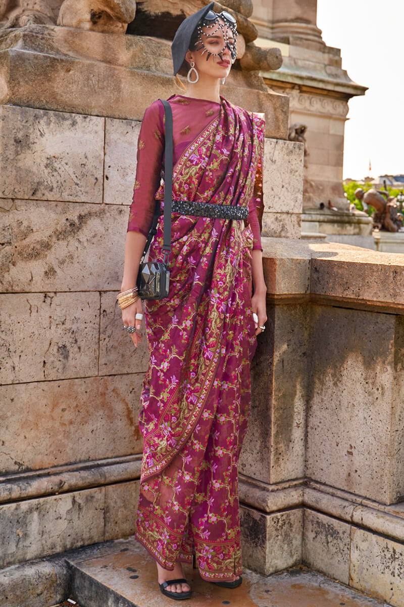 Surreptitious Wine Pashmina saree With Confounding Blouse Piece