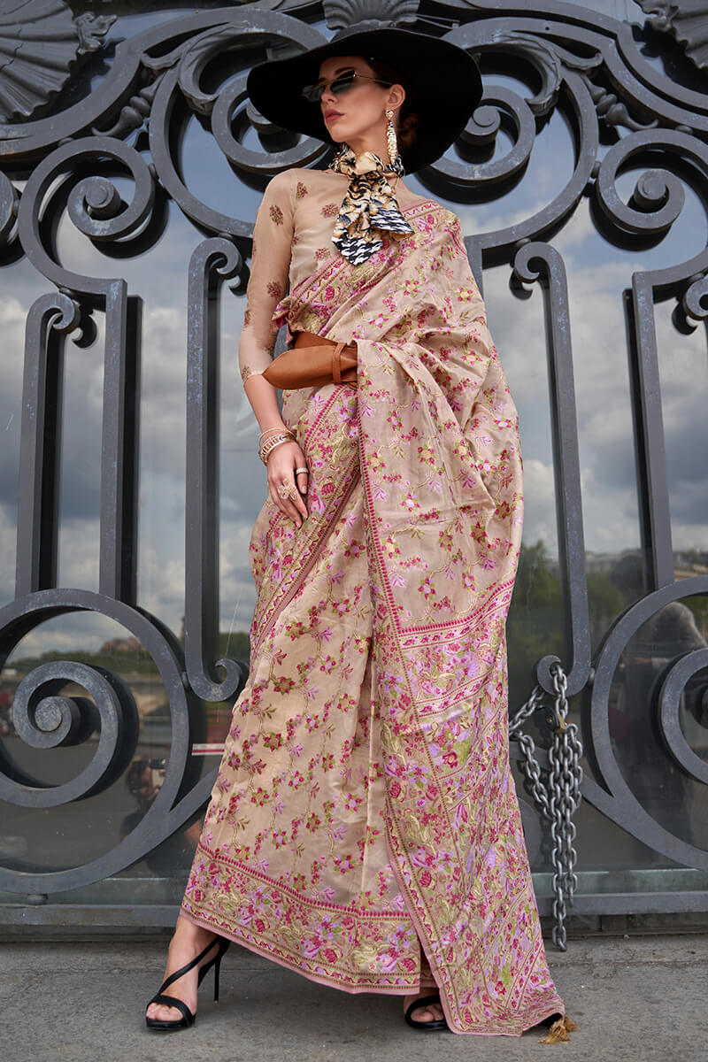 Tempting Beige Pashmina saree With Proficient Blouse Piece