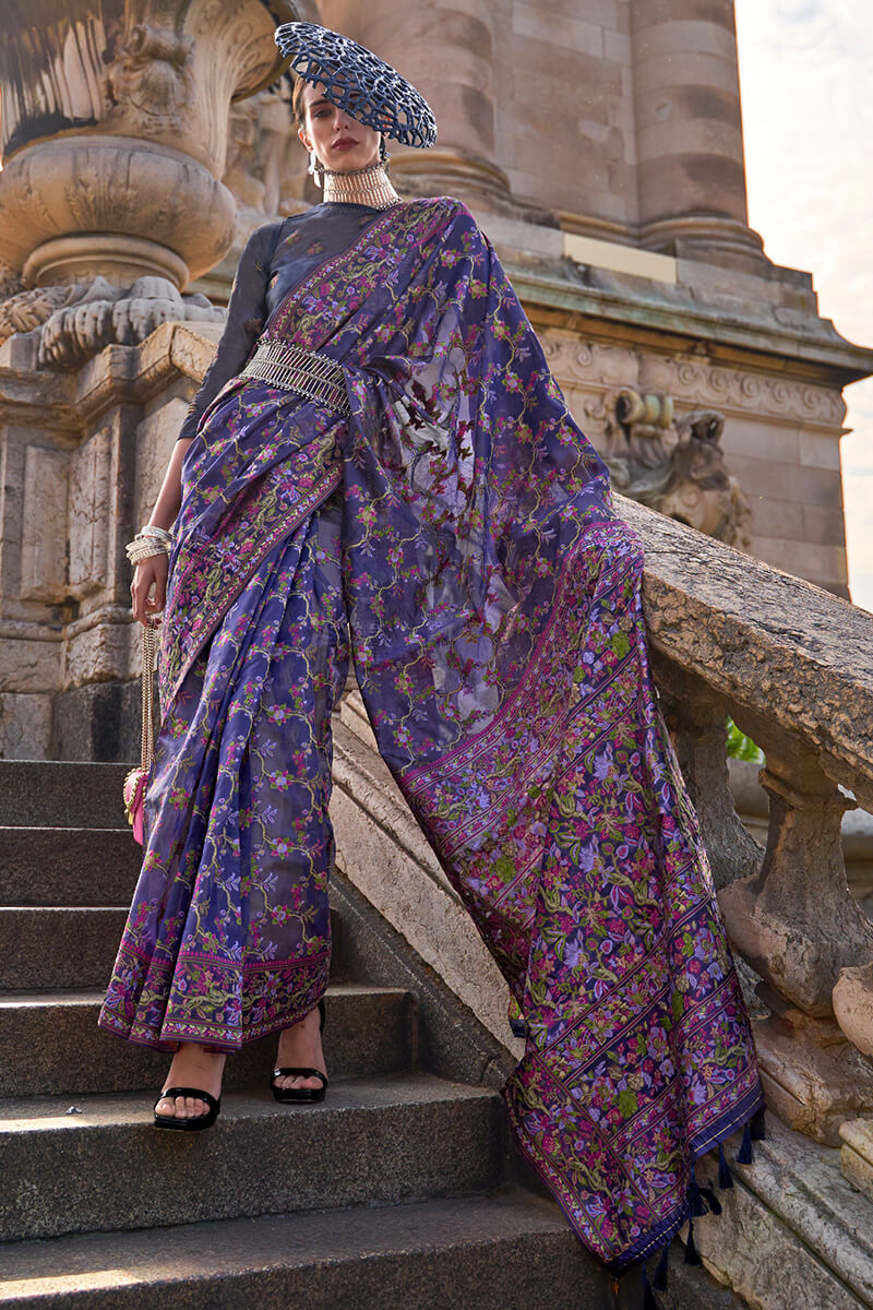 Symmetrical Royal Blue Pashmina saree With Delectable Blouse Piece