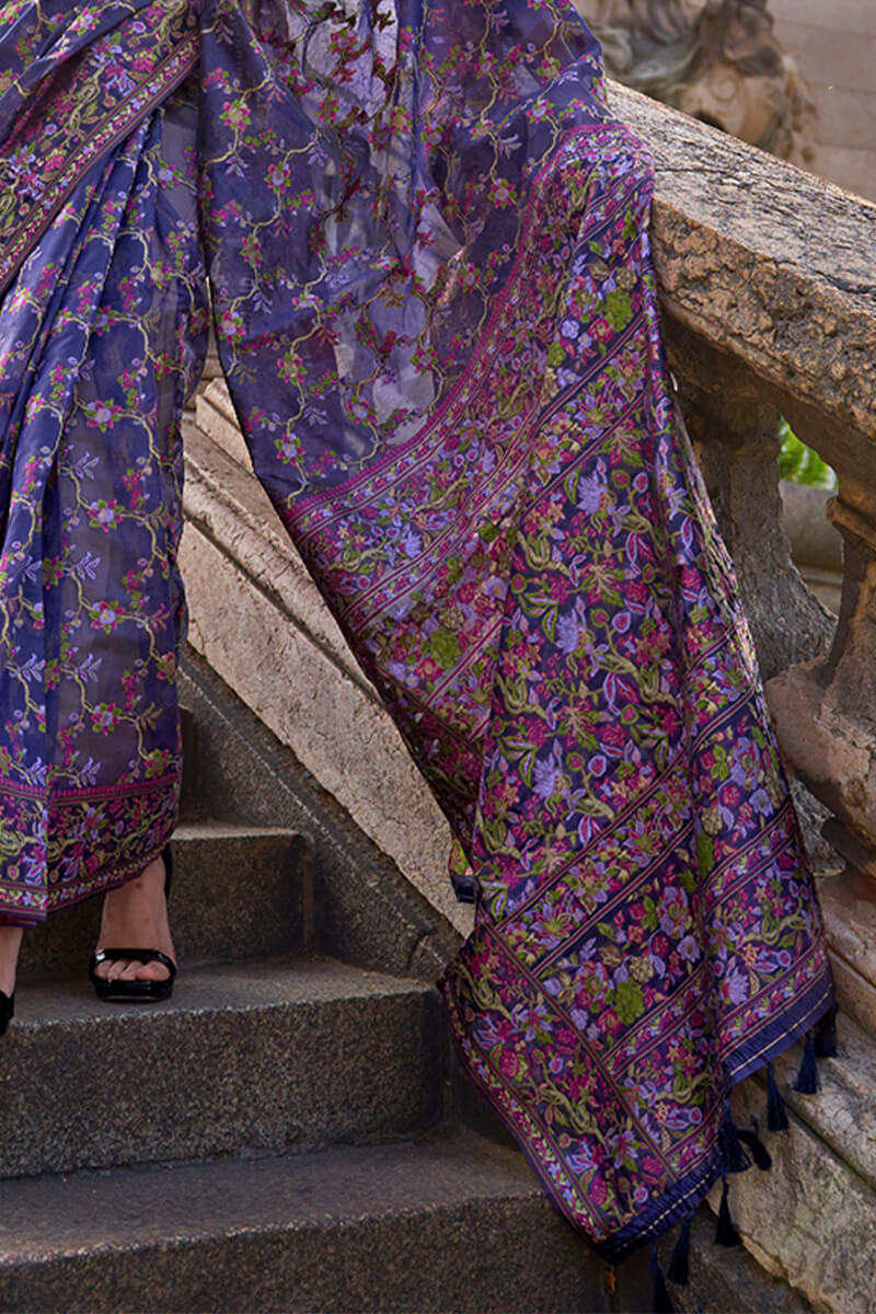 Symmetrical Royal Blue Pashmina saree With Delectable Blouse Piece