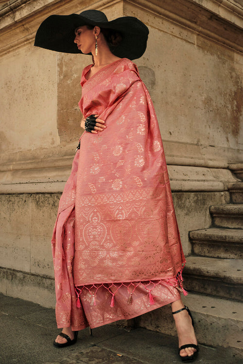 Load image into Gallery viewer, Confounding Peach Soft Banarasi Silk Saree With Imaginative Blouse Piece
