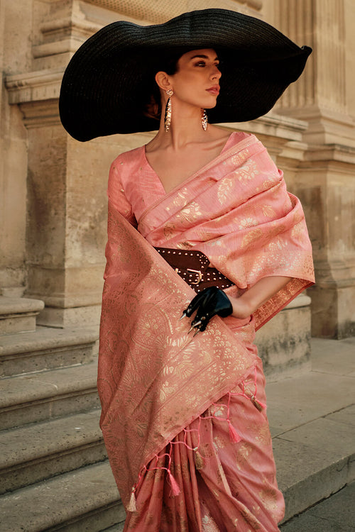 Load image into Gallery viewer, Confounding Peach Soft Banarasi Silk Saree With Imaginative Blouse Piece
