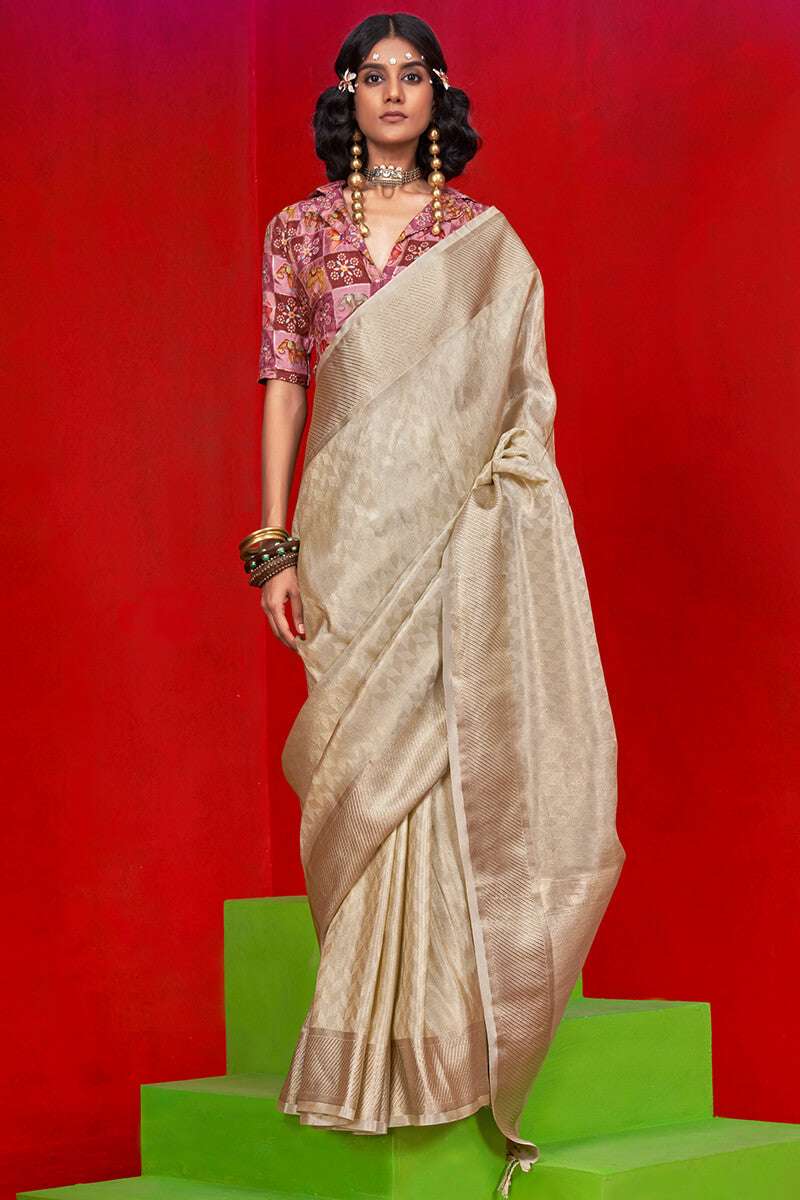 Winsome Beige Soft Banarasi Tissue Silk Saree With Prettiest Blouse Piece