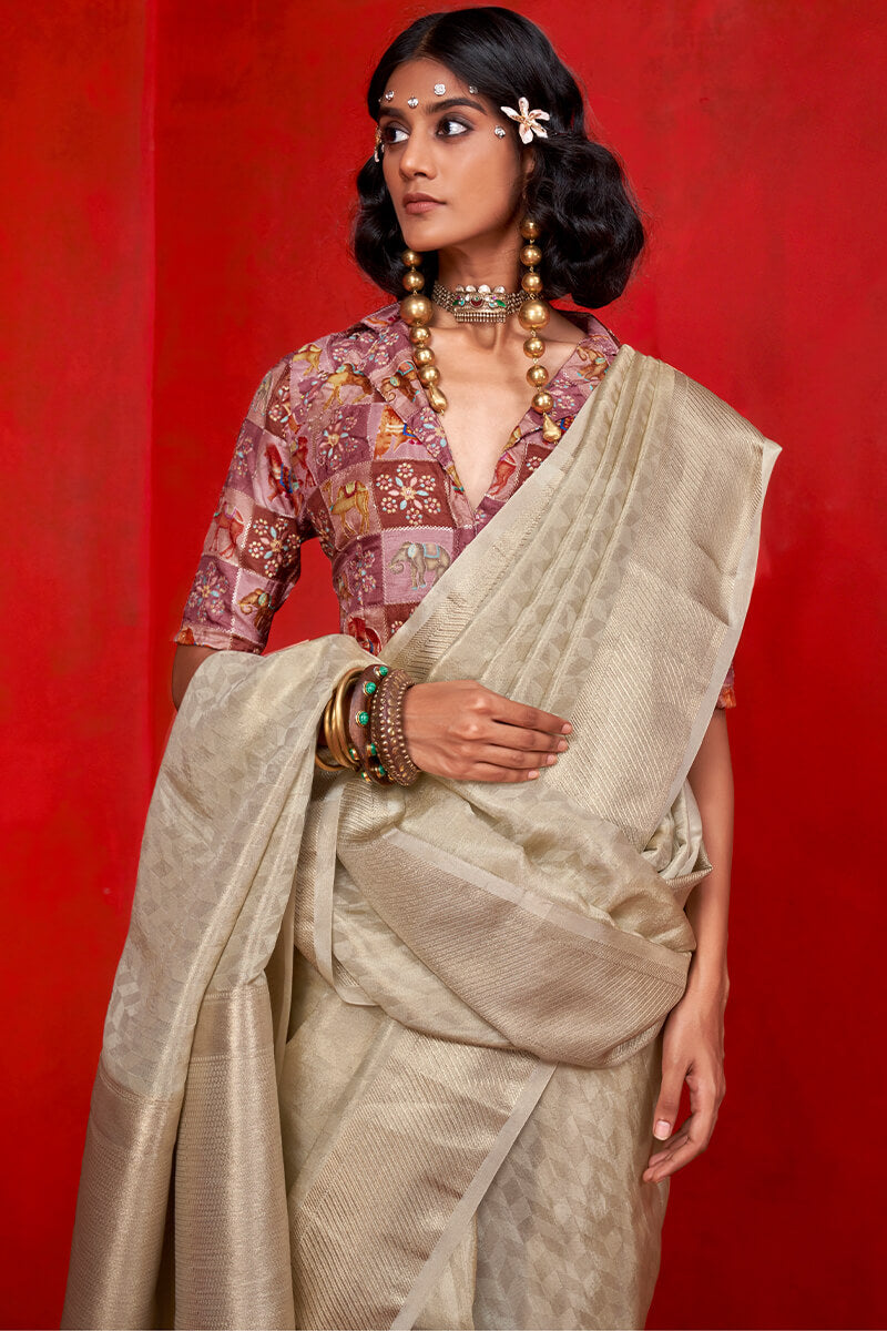 Winsome Beige Soft Banarasi Tissue Silk Saree With Prettiest Blouse Piece