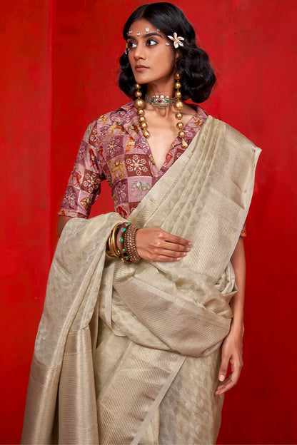 Winsome Beige Soft Banarasi Tissue Silk Saree With Prettiest Blouse Piece