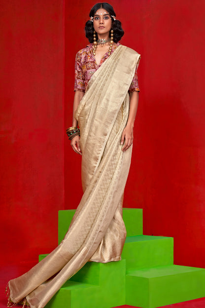 Winsome Beige Soft Banarasi Tissue Silk Saree With Prettiest Blouse Piece